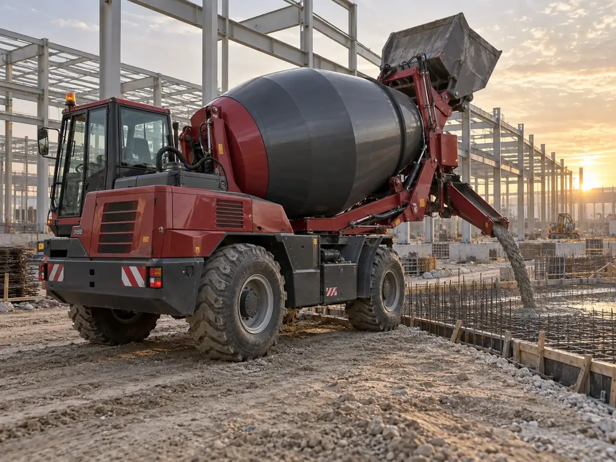 6.5 m3 self loading mixer truck in industrial plant foundation scene