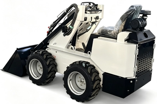Seated wheeled skid steer loader with front bucket