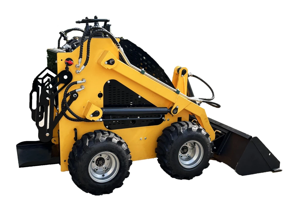 Technical drawing of a stand-on wheeled loader with rear operator platform