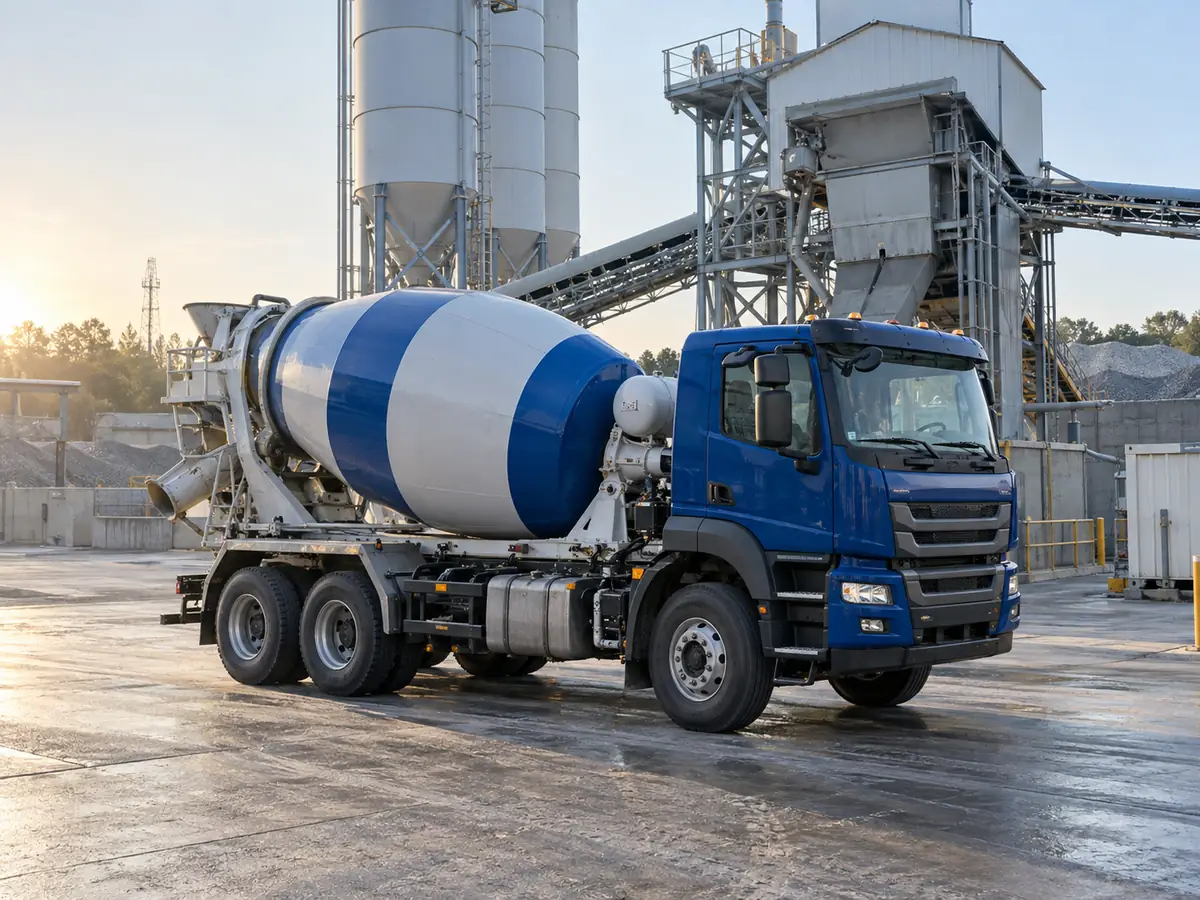 Blue concrete transit mixer truck at a ready-mix batching plant
