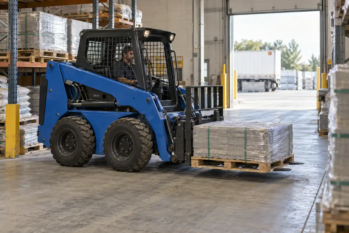 Blue wheeled compact skid loader moving a pallet in a warehouse