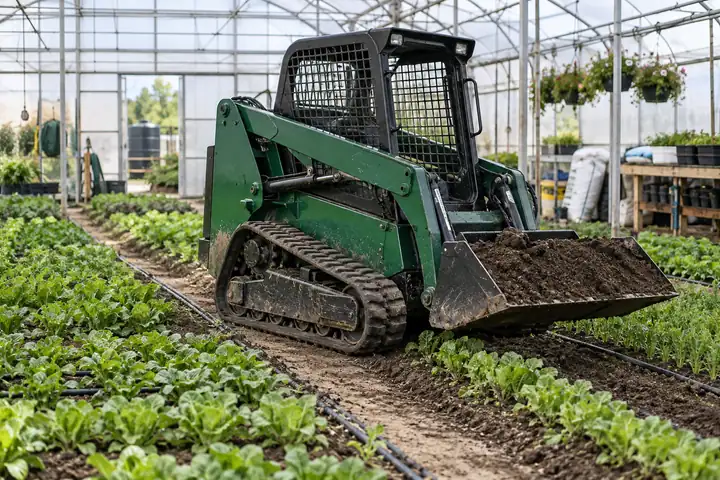 Green tracked compact skid loader working between greenhouse rows
