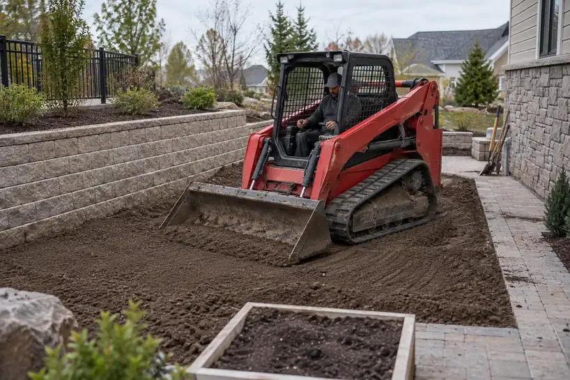 Red tracked compact skid loader grading a residential landscaping site