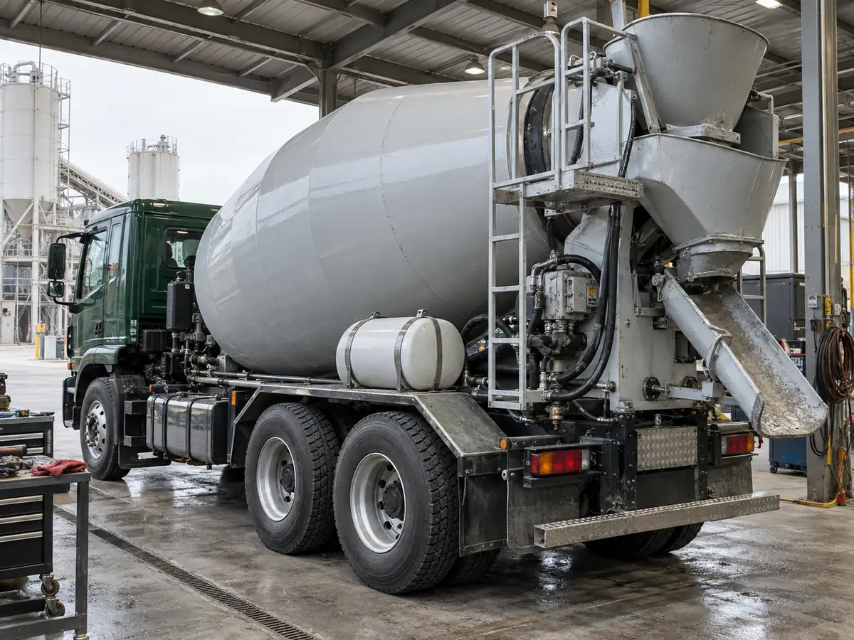 Green concrete transit mixer truck hydraulic drive and discharge system in a maintenance bay
