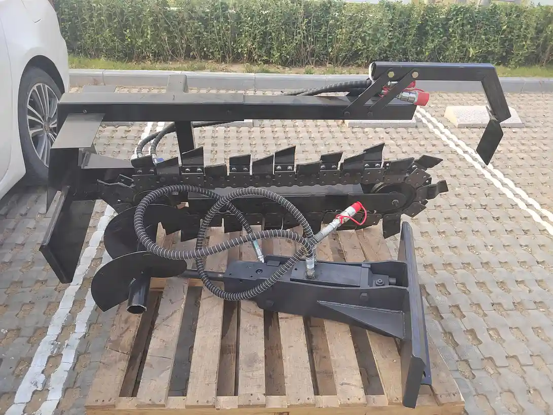Skid steer trencher attachment prepared for shipment