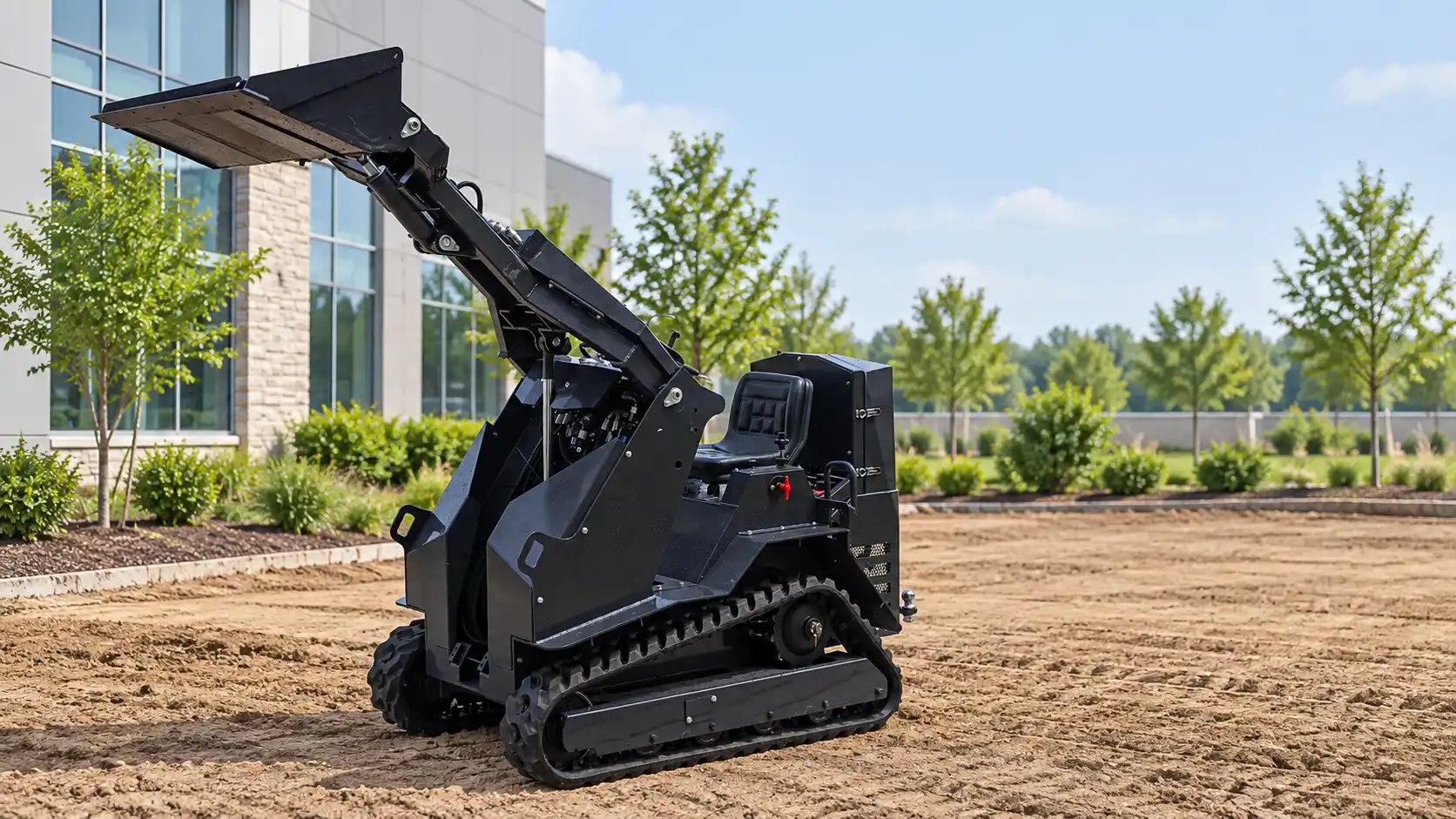 Black tracked small skid steer loader working on a landscaping jobsite