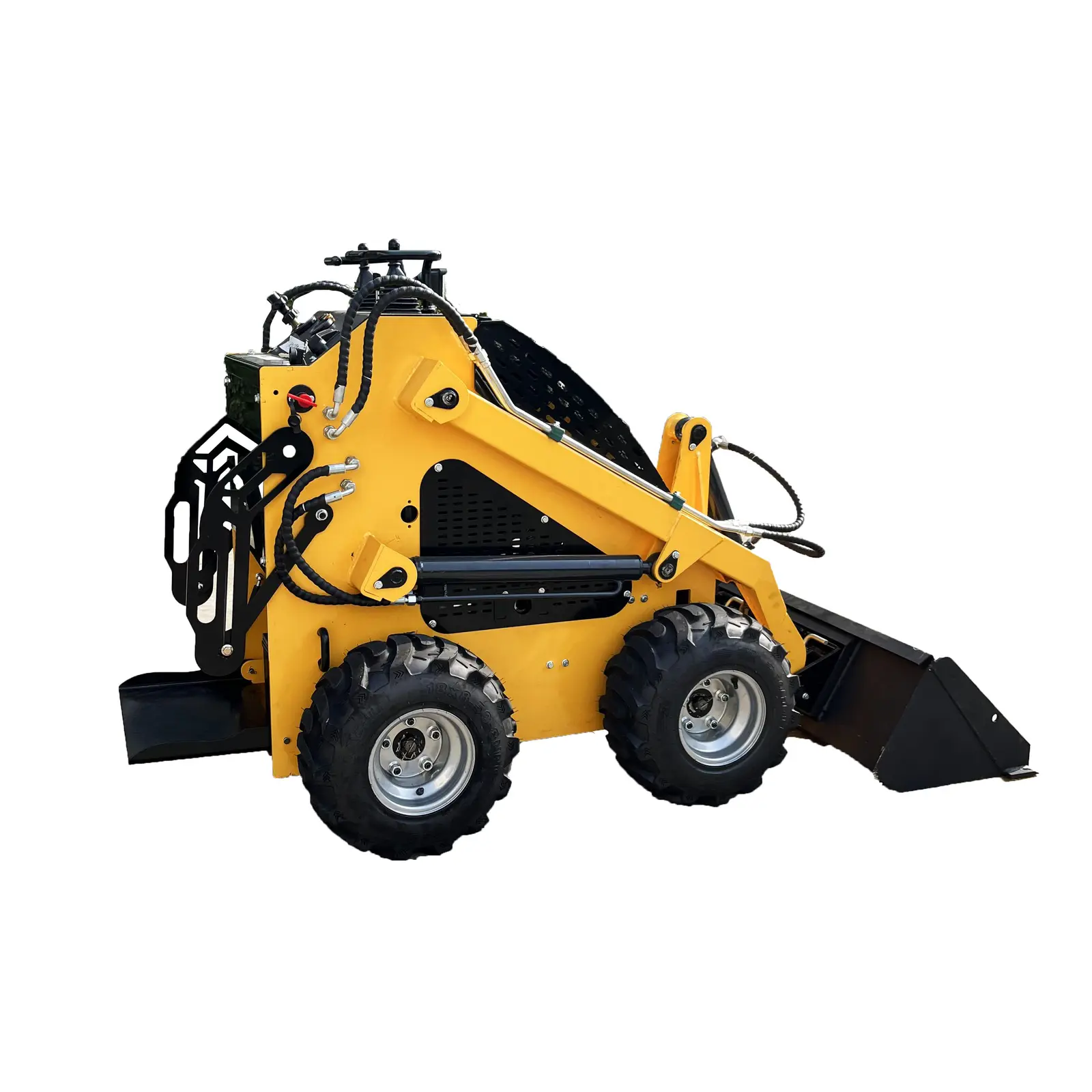 Yellow wheeled small skid steer loader viewed from the left side