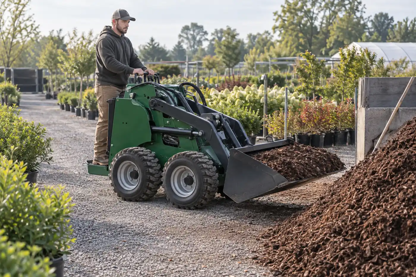 Green wheeled stand-on compact loader moving material in a commercial nursery