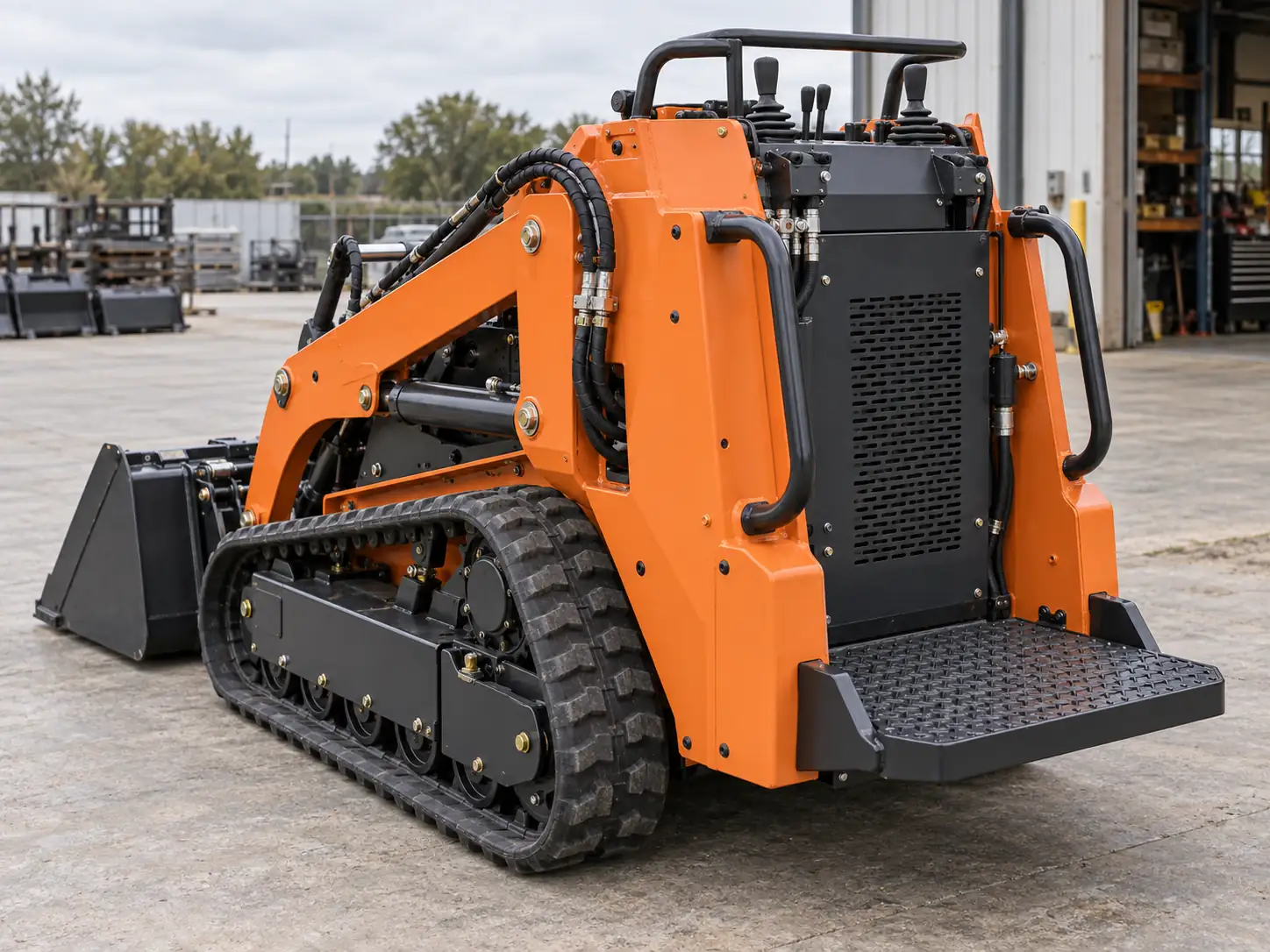 Rear three-quarter view of an orange stand-on loader operator platform and handholds