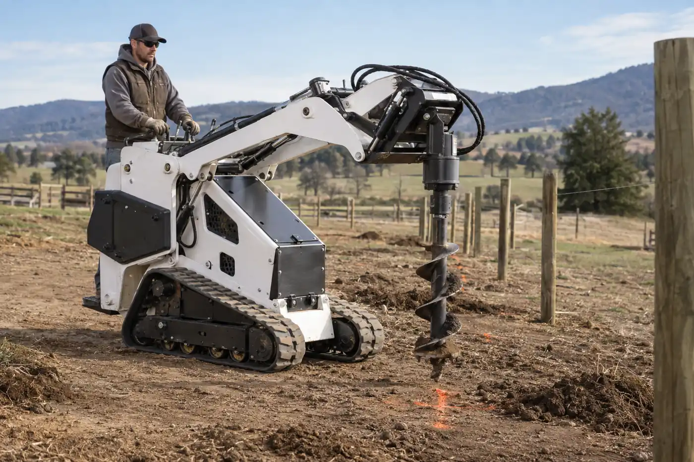 White tracked stand-on loader using an auger on a rural fence project