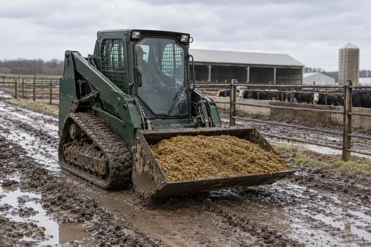 Green tracked skid steer carrying feed across a muddy livestock farm lane