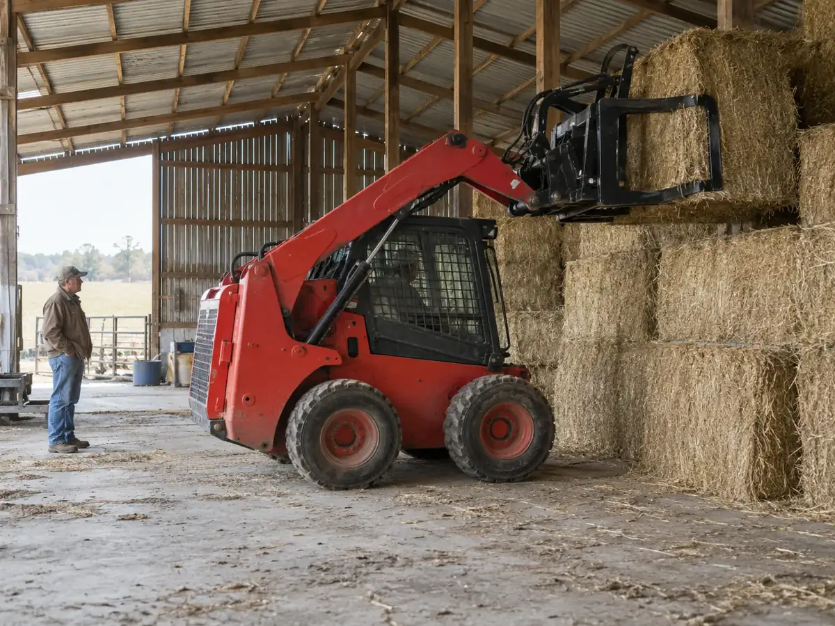 Red wheeled skid steer stacking hay bales with a grapple in a farm shed