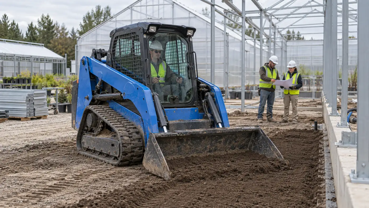 Blue tracked compact skid steer grading soil during greenhouse construction