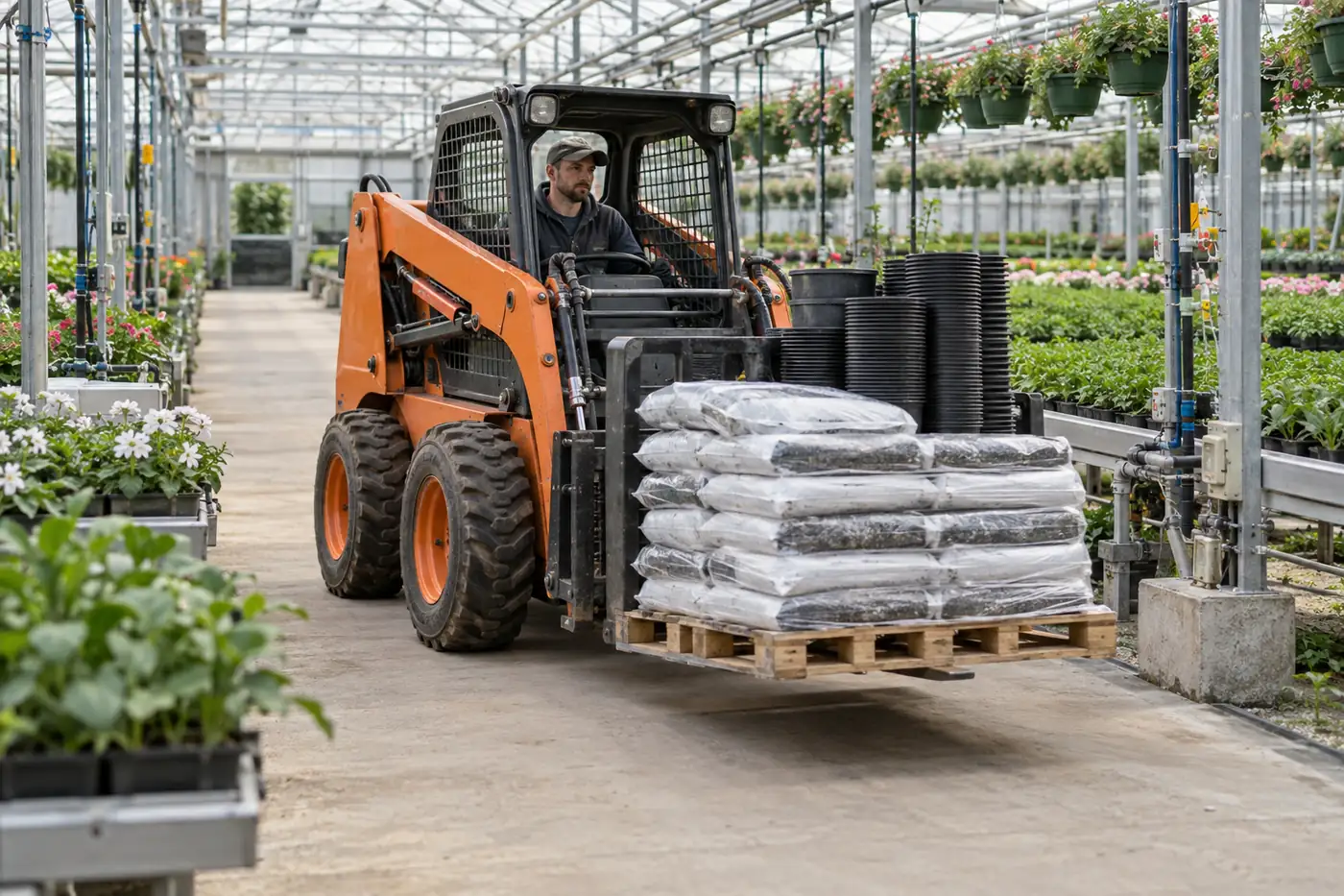 Orange wheeled compact skid steer moving bagged substrate and nursery pots in a greenhouse