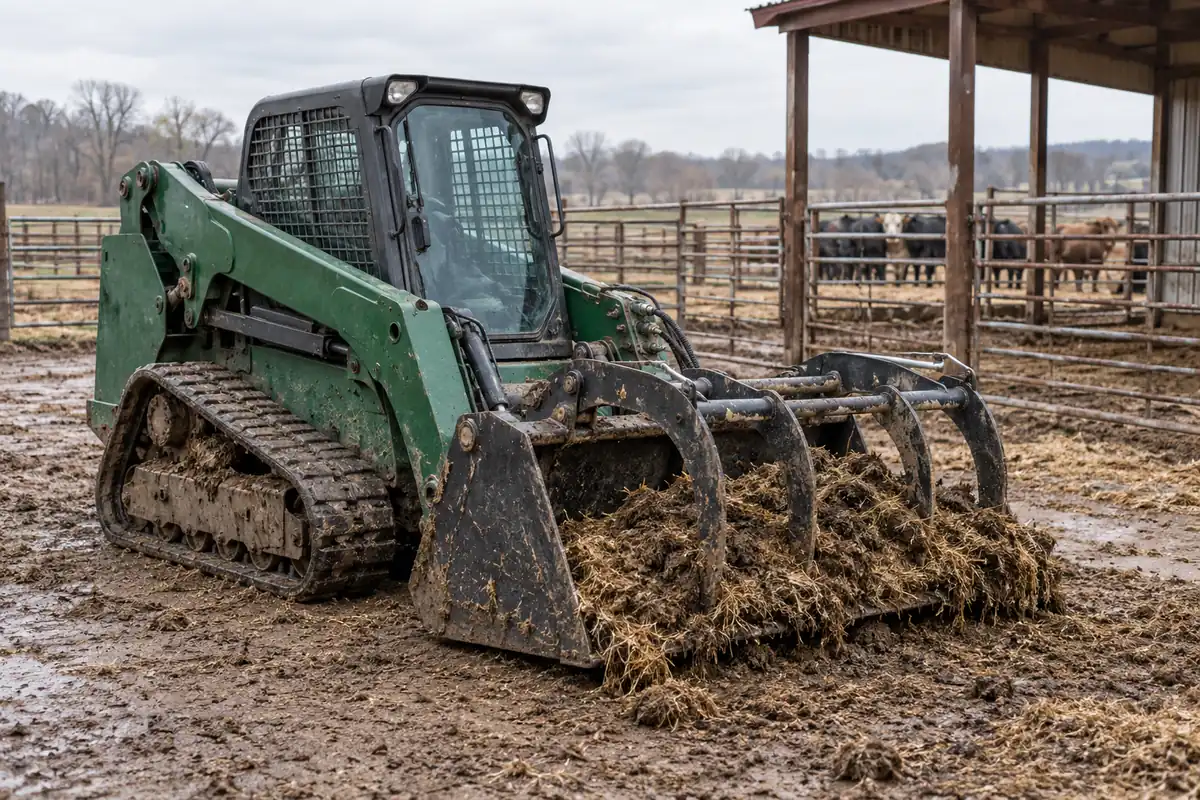 Green tracked skid steer cleaning bedding and manure from a cattle corral