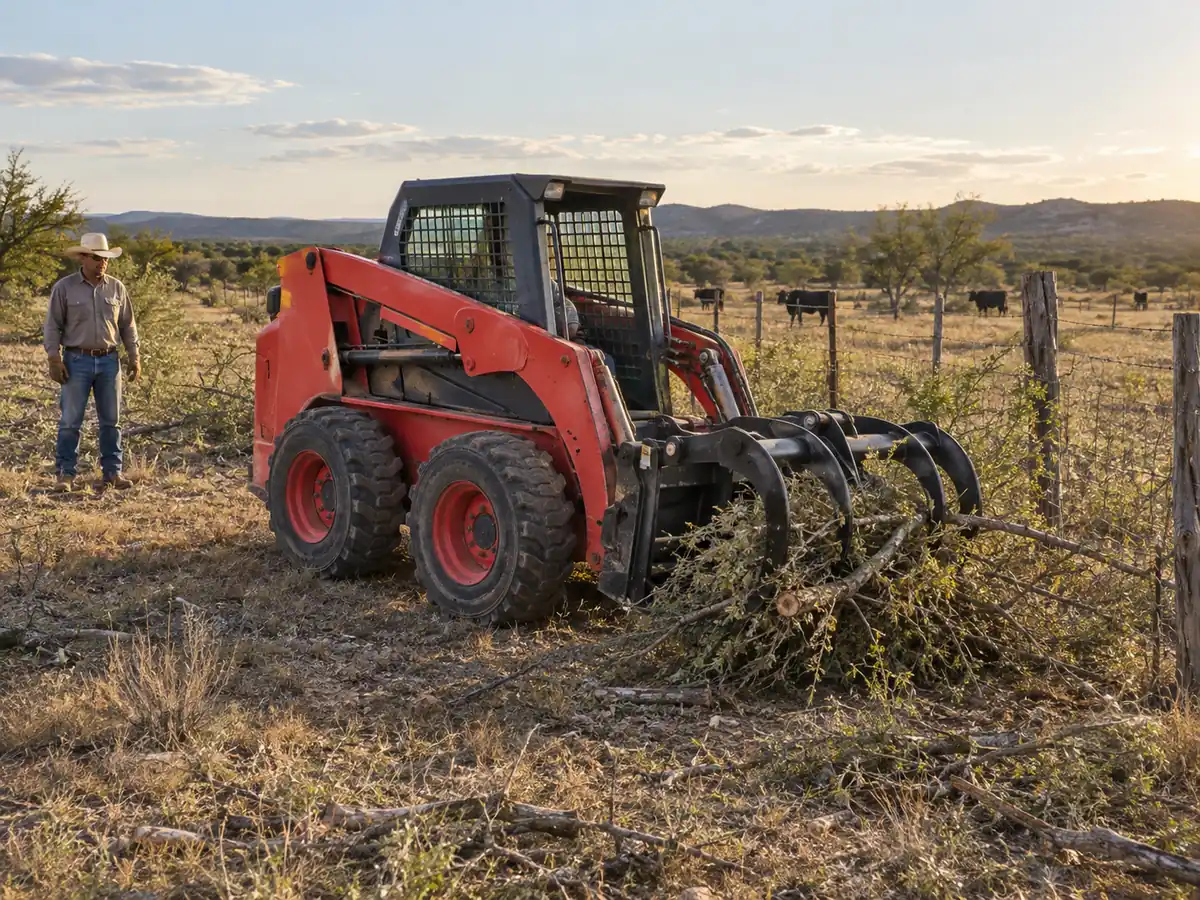 Red wheeled skid steer moving cut brush beside a ranch fence line