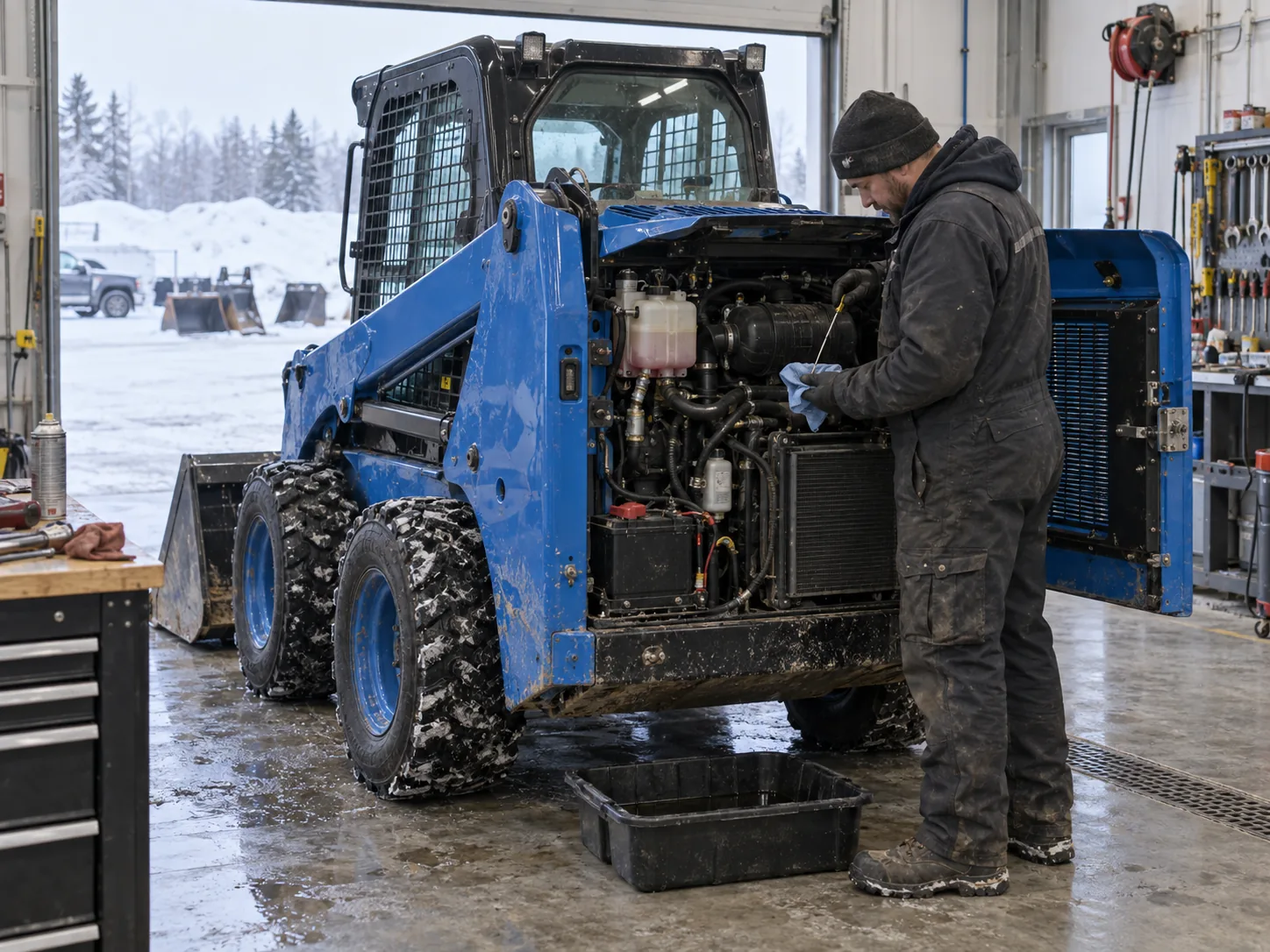 Technician inspecting a blue skid steer before cold-weather work