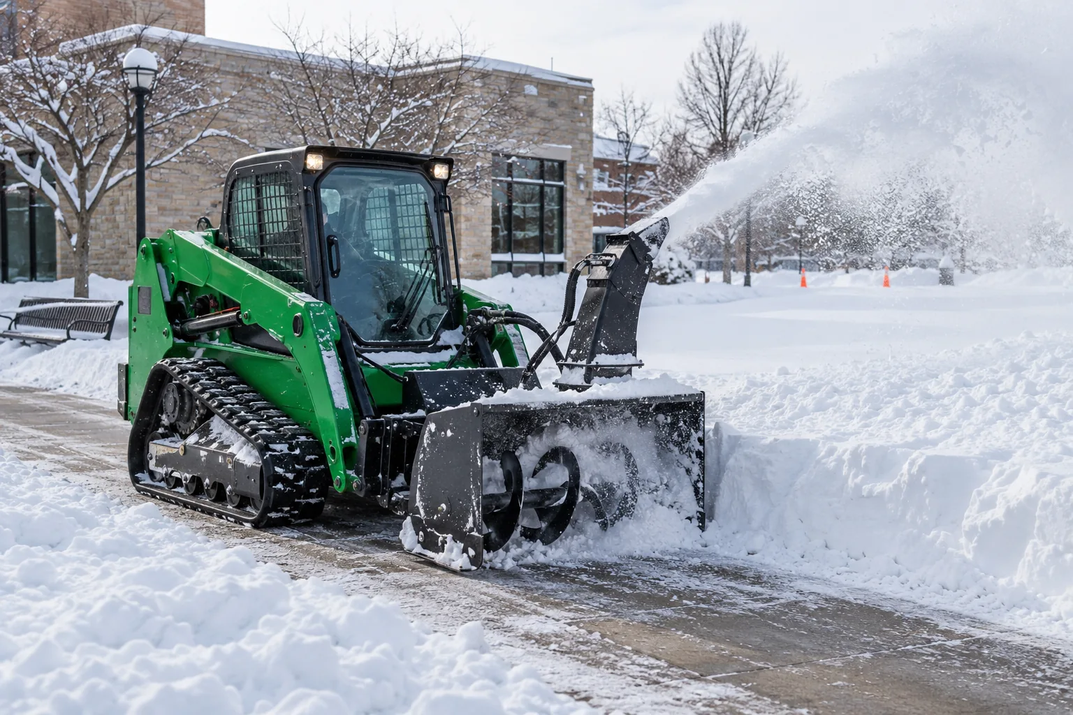 Green compact track loader using a snow blower on a municipal walkway