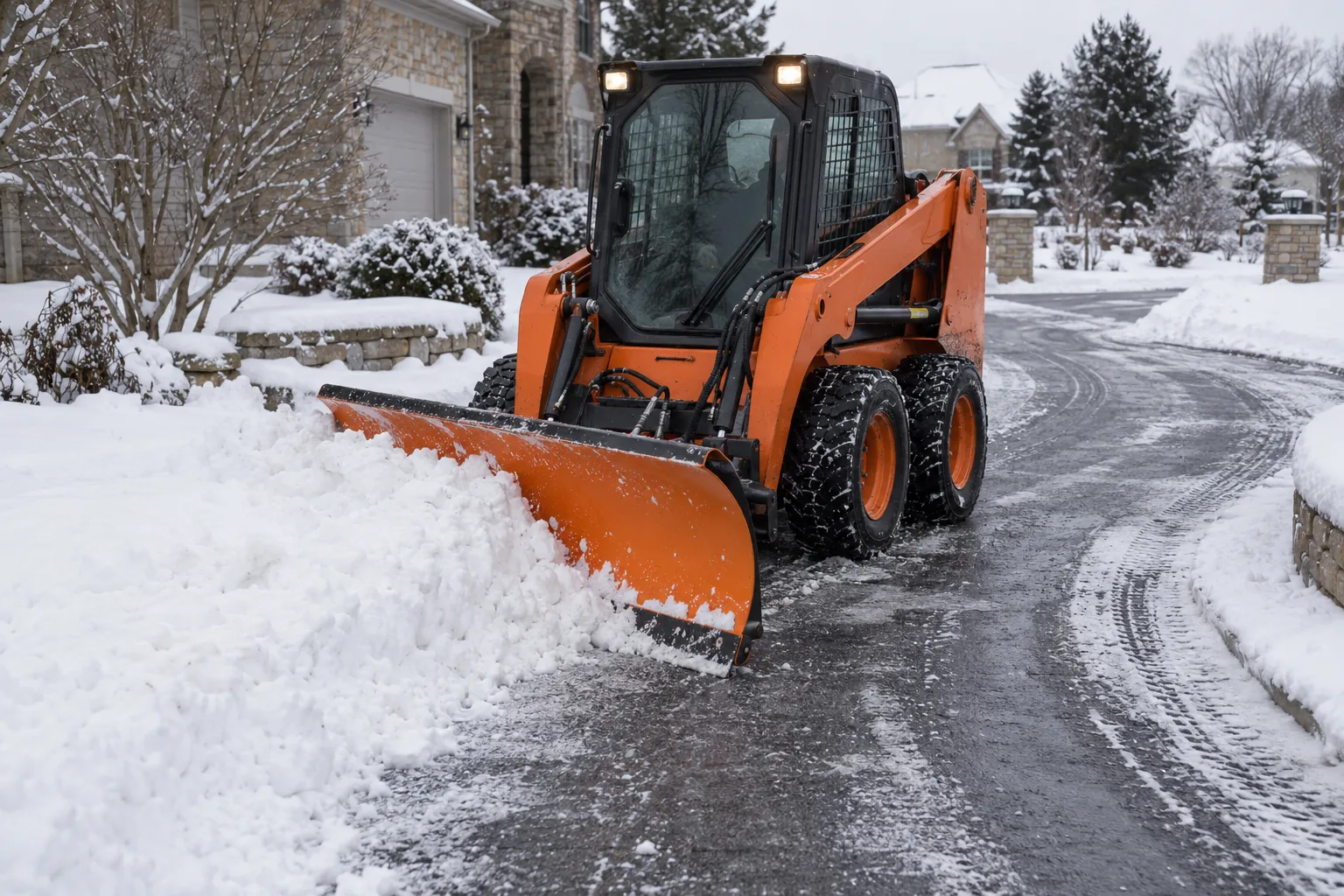Orange wheeled skid steer clearing a residential driveway with an angle blade